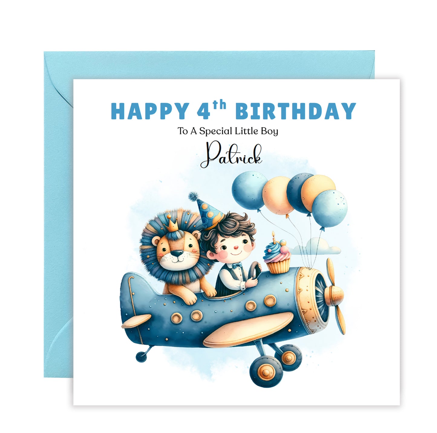 Personalised 4th Birthday Card for Boys – Lion & Aeroplane Design with Custom Name and Message, Age 4 Years Old Birthday Card for Kids, Children, Boy, Son, Grandson, Nephew– Blue Envelope Included