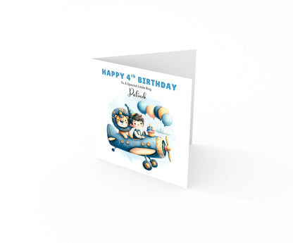 Personalised 4th Birthday Card for Boys – Lion & Aeroplane Design with Custom Name and Message, Age 4 Years Old Birthday Card for Kids, Children, Boy, Son, Grandson, Nephew– Blue Envelope Included