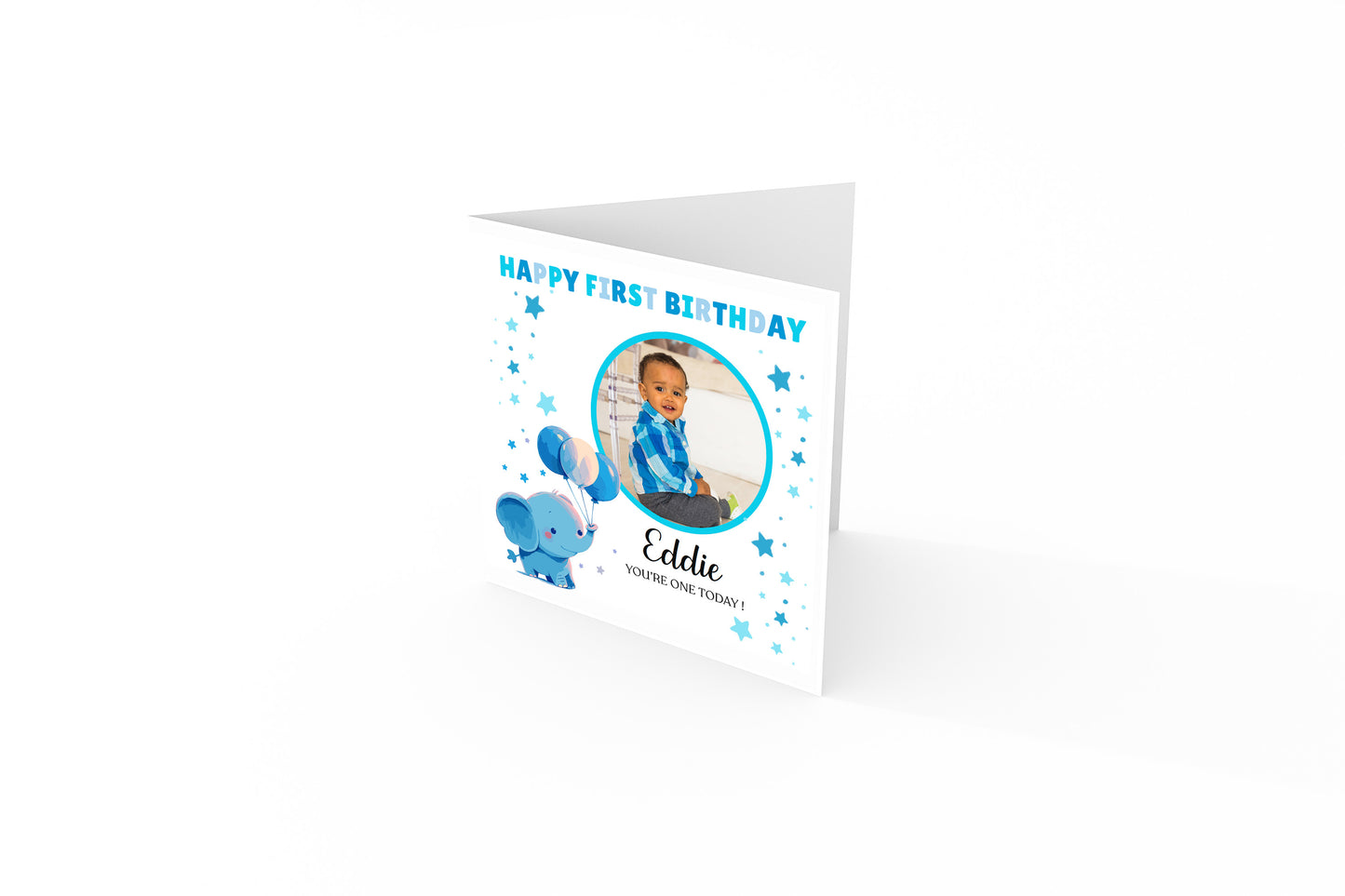 Personalised Photo 1st Birthday Card for Baby Boy – Cute Blue Elephant with Custom Photo and Name, One Year Old First Birthday Card for Son, Grandson, Nephew –  Blue Envelope Included