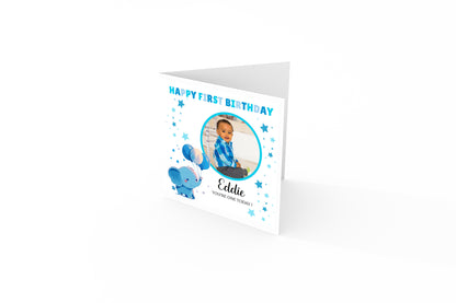 Personalised Photo 1st Birthday Card for Baby Boy – Cute Blue Elephant with Custom Photo and Name, One Year Old First Birthday Card for Son, Grandson, Nephew –  Blue Envelope Included