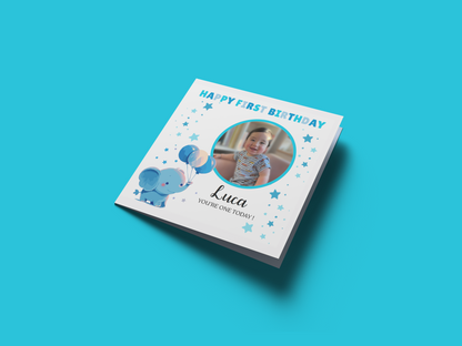 Personalised Photo 1st Birthday Card for Baby Boy – Cute Blue Elephant with Custom Photo and Name, One Year Old First Birthday Card for Son, Grandson, Nephew –  Blue Envelope Included