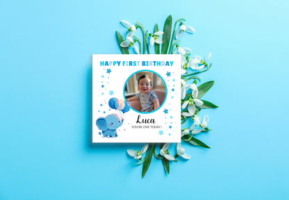 Personalised Photo 1st Birthday Card for Baby Boy – Cute Blue Elephant with Custom Photo and Name, One Year Old First Birthday Card for Son, Grandson, Nephew –  Blue Envelope Included