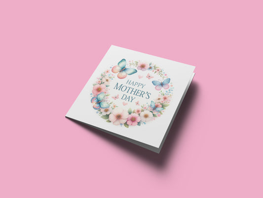 Happy Mother’s Day Card - Butterfly & Floral Wreath Design for Mother, Mother To Be, Step-Mum, Grandma, Wife from Son or Daughter - Pink Envelope Included