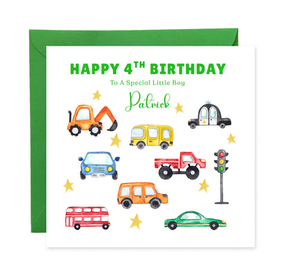 Personalised 4 Years Old 4th Birthday Card for Boys – Cars & Trucks Design with Custom Name & Message - Age 4 Vehicles Birthday Card for Kids, Children, Son, Grandson Nephew with Green Envelope