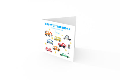 Personalised 3 Years Old 3rd Birthday Card for Toddler Boy – Vehicles and Cars Design with Custom Name & Message - Age 3 Year Old Birthday Card for Little One, Son, Grandson Nephew with Blue Envelope