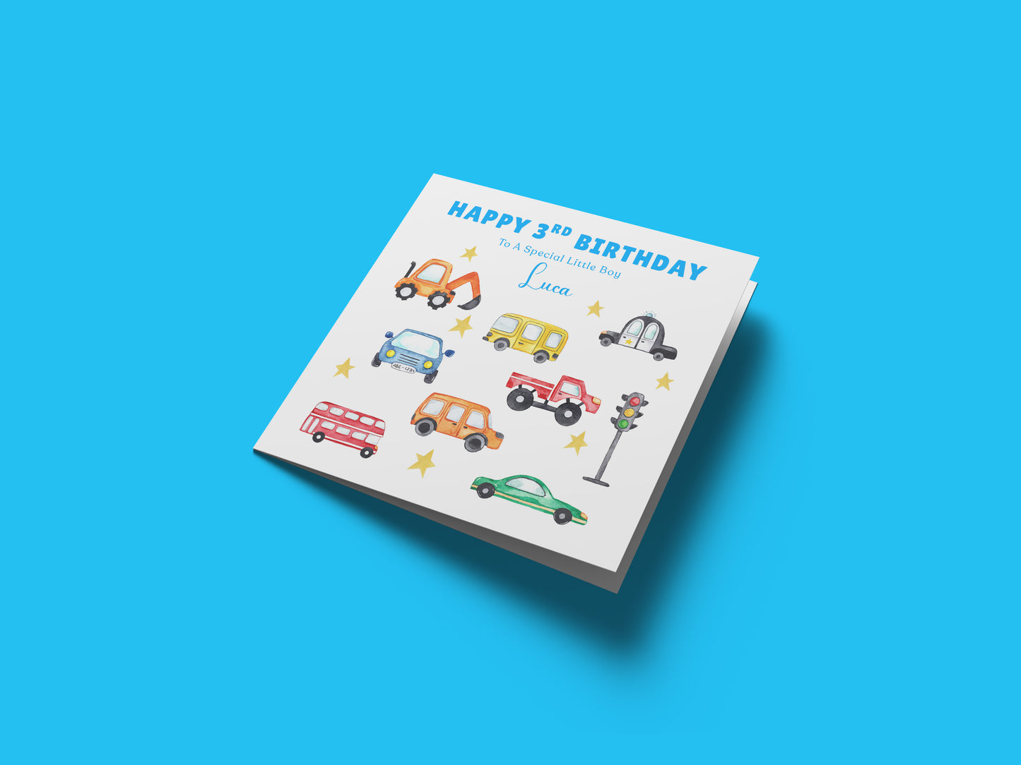 Personalised 3 Years Old 3rd Birthday Card for Toddler Boy – Vehicles and Cars Design with Custom Name & Message - Age 3 Year Old Birthday Card for Little One, Son, Grandson Nephew with Blue Envelope