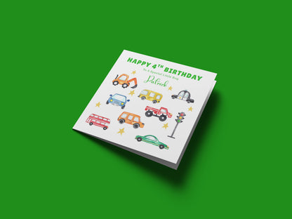Personalised 4 Years Old 4th Birthday Card for Boys – Cars & Trucks Design with Custom Name & Message - Age 4 Vehicles Birthday Card for Kids, Children, Son, Grandson Nephew with Green Envelope