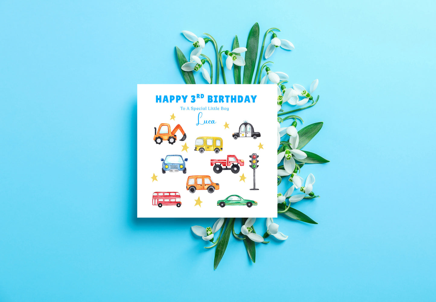 Personalised 3 Years Old 3rd Birthday Card for Toddler Boy – Vehicles and Cars Design with Custom Name & Message - Age 3 Year Old Birthday Card for Little One, Son, Grandson Nephew with Blue Envelope
