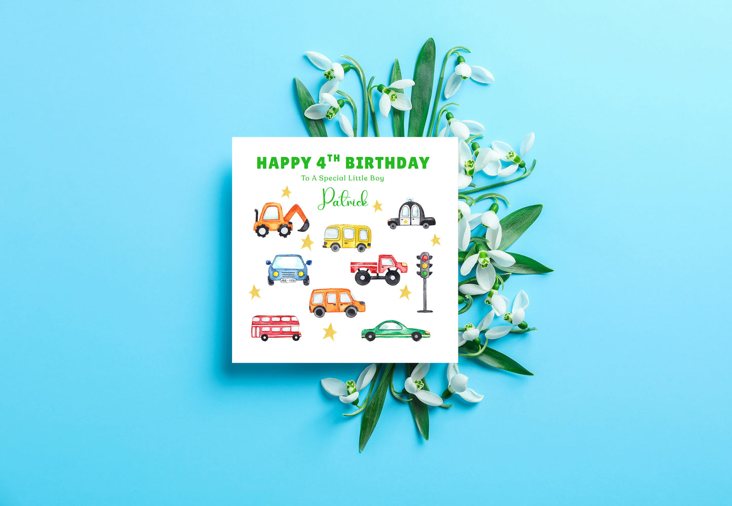 Personalised 4 Years Old 4th Birthday Card for Boys – Cars & Trucks Design with Custom Name & Message - Age 4 Vehicles Birthday Card for Kids, Children, Son, Grandson Nephew with Green Envelope