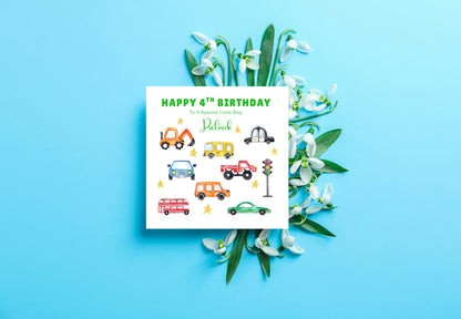 Personalised 4 Years Old 4th Birthday Card for Boys – Cars & Trucks Design with Custom Name & Message - Age 4 Vehicles Birthday Card for Kids, Children, Son, Grandson Nephew with Green Envelope