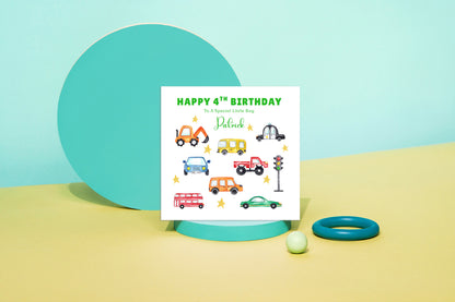 Personalised 4 Years Old 4th Birthday Card for Boys – Cars & Trucks Design with Custom Name & Message - Age 4 Vehicles Birthday Card for Kids, Children, Son, Grandson Nephew with Green Envelope