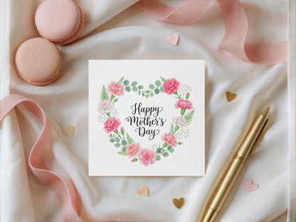 Pink Carnation Floral Wreath Happy Mother’s Day Card - Elegant Watercolor Flowers & Greenery Design for Mother, Mother To Be, Step-Mum, Grandma, Wife from Son or Daughter - Pink Envelope Included