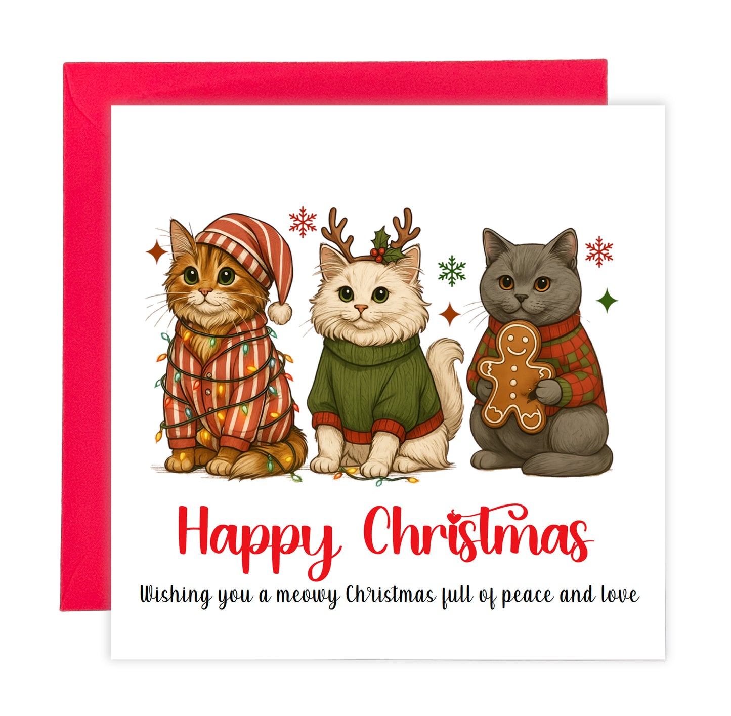 Cute & Funny Cats Pun Christmas Card - Meowy Christmas - Tabby, Ragdoll & British Shorthair Xmas Card for Cat Lovers, Cat Owners, Friends, Family, Him, Her, Kids, Co-Workers –  Red Envelope Included