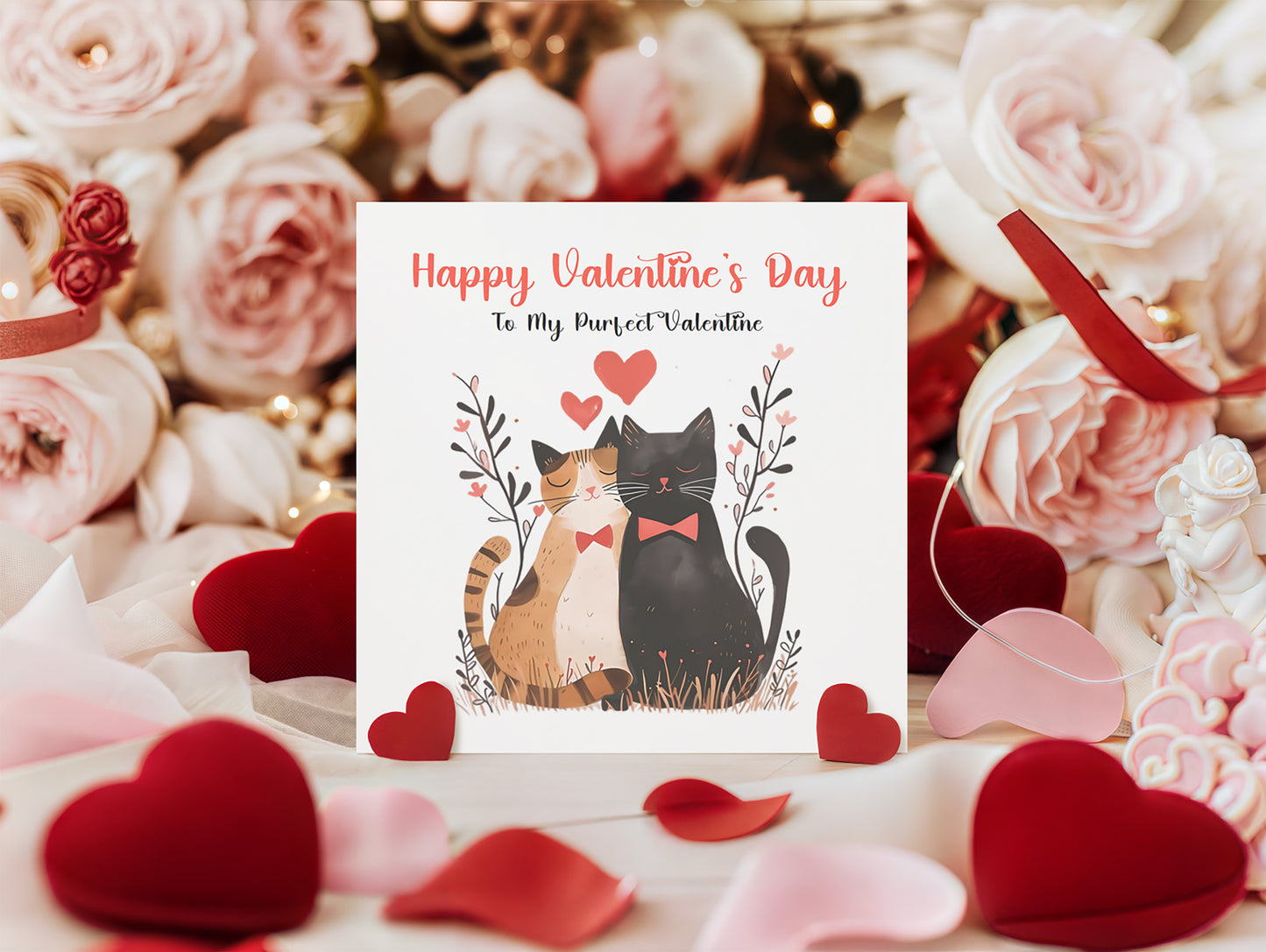 Happy Valentine’s Day Card with Cat Couple Design for Him and for Her - Love Card for Cat Lovers, Cat Owners, Husband, Wife, Parents, Boyfriend, Girlfriend, Partner - Red Envelope Included