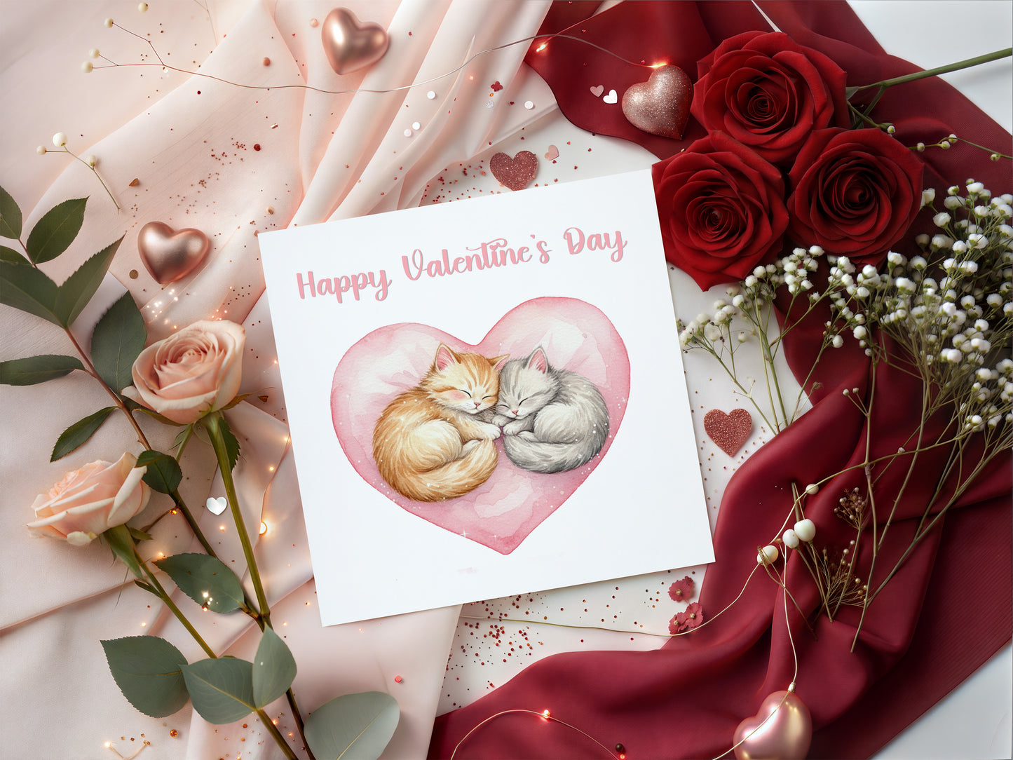 Happy Valentine’s Day Card with Kittens in a Heart Design for Him and for Her - Love Card for Cat Lovers, Cat Owners, Husband, Wife, Parents, Boyfriend, Girlfriend, Partner - Pink Envelope Included