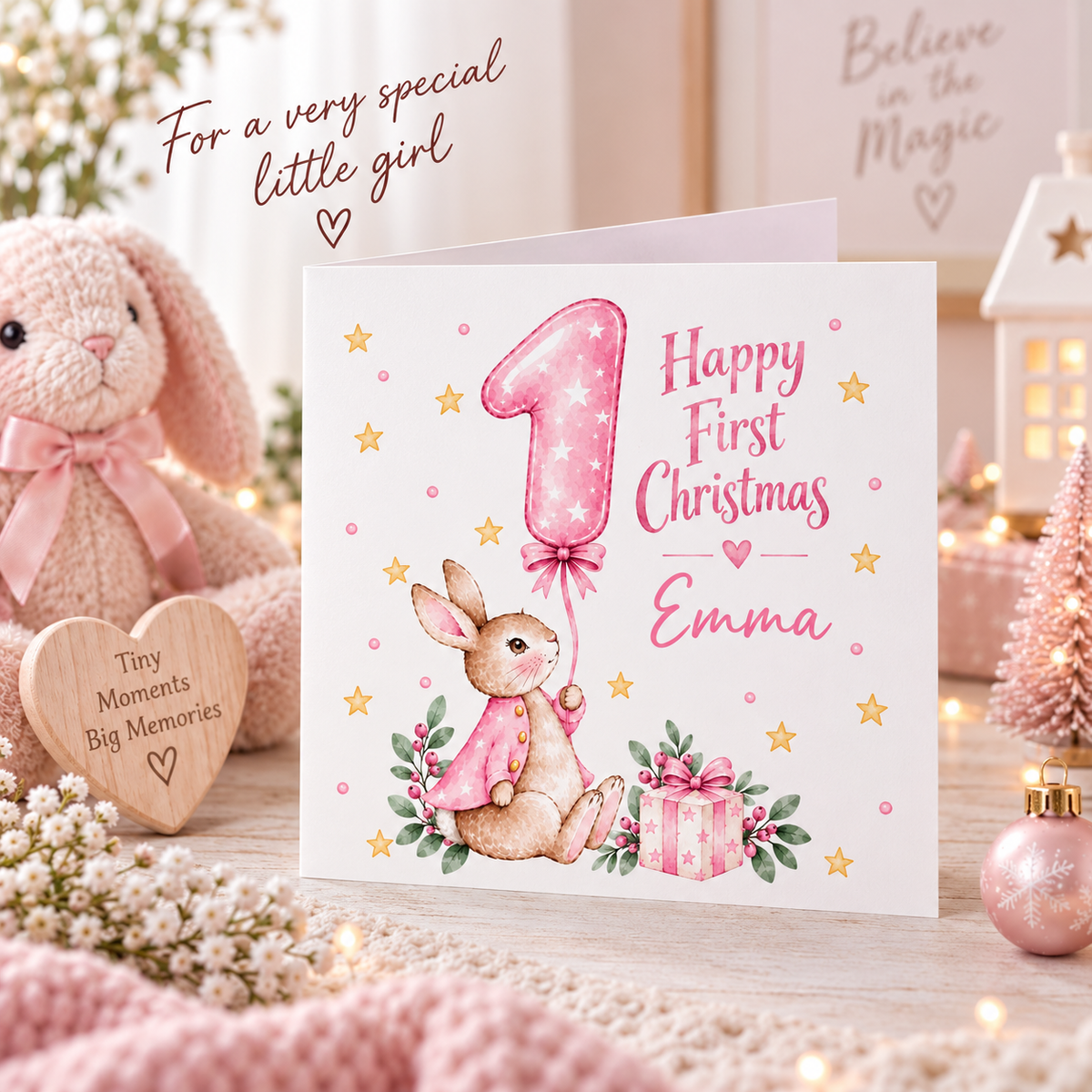 Personalised Baby Girl's First Christmas Card – Pink Cute Bunny Design
