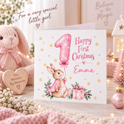 Personalised Baby Girl's First Christmas Card – Pink Cute Bunny Design