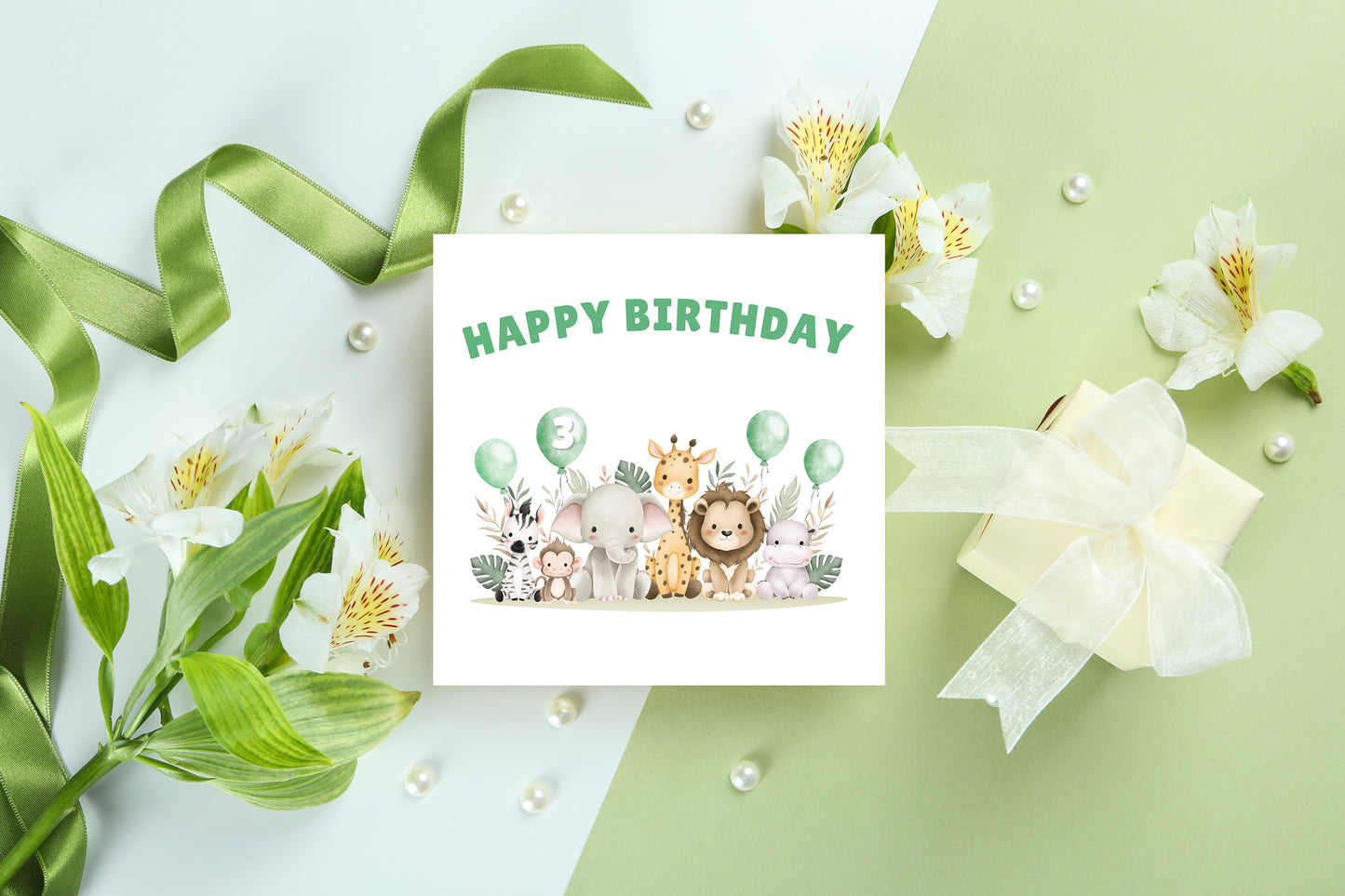 Safari Jungle Animals Happy Birthday Card, one Balloon contains the Birthday Age from 1 to 10 -Birthday Card for Baby Boy, Son, Grandson, Nephew, Children's Birthday Card – Green Envelope Included