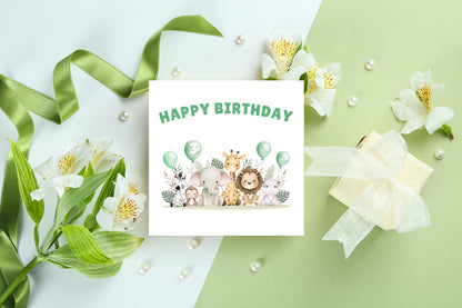 Safari Jungle Animals Happy Birthday Card, one Balloon contains the Birthday Age from 1 to 10 -Birthday Card for Baby Boy, Son, Grandson, Nephew, Children's Birthday Card – Green Envelope Included
