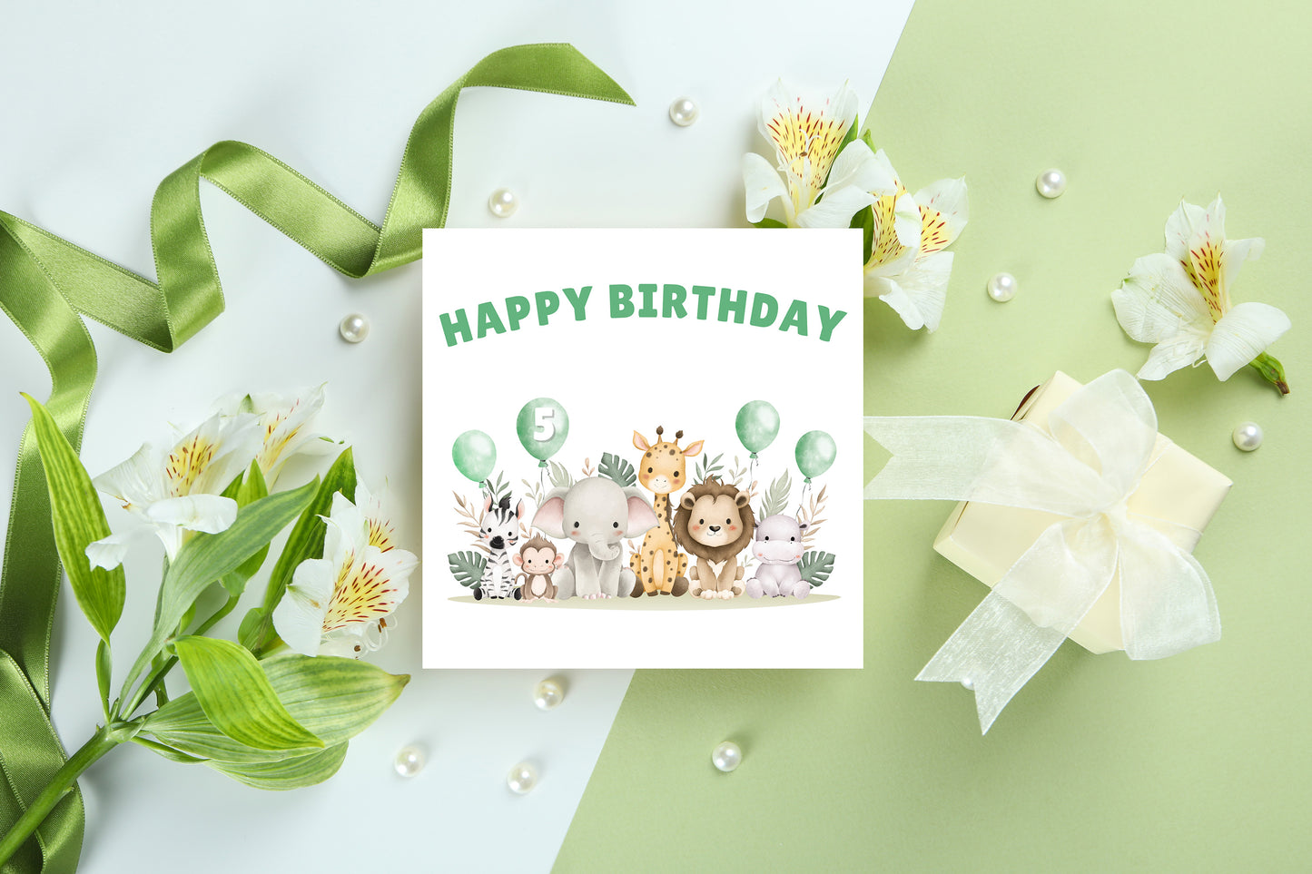 Safari Jungle Animals Happy Birthday Card, one Balloon contains the Birthday Age from 1 to 10 -Birthday Card for Baby Boy, Son, Grandson, Nephew, Children's Birthday Card – Green Envelope Included