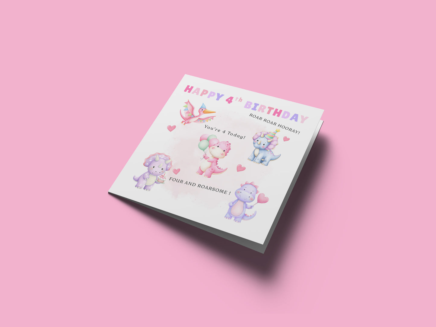Happy 4 Years Old 4th Birthday Card for Girls – Cute Dinosaurs Design & Message - Age 4 Pink Dinosaur Birthday Card for Kids Children Daughter Granddaughter Niece with Pink Envelope