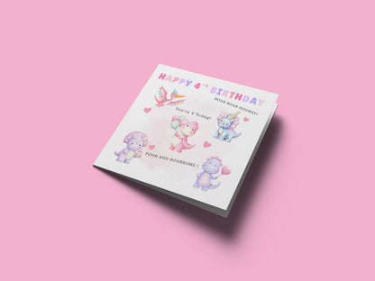 Happy 4 Years Old 4th Birthday Card for Girls – Cute Dinosaurs Design & Message - Age 4 Pink Dinosaur Birthday Card for Kids Children Daughter Granddaughter Niece with Pink Envelope