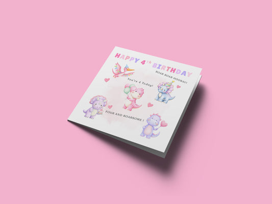 Happy 4 Years Old 4th Birthday Card for Girls – Cute Dinosaurs Design & Message - Age 4 Pink Dinosaur Birthday Card for Kids Children Daughter Granddaughter Niece with Pink Envelope