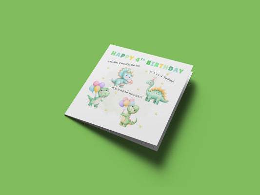 Happy 4th Birthday Card for Boys – Dinosaurs Design, Age 4 Years Old Fourth Birthday Card for Kids, Children, Boy, Son, Grandson, Nephew – Green Envelope Included