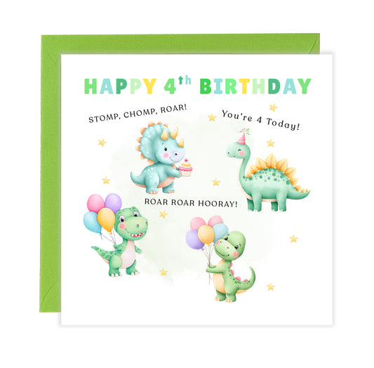 Happy 4th Birthday Card for Boys – Dinosaurs Design, Age 4 Years Old Fourth Birthday Card for Kids, Children, Boy, Son, Grandson, Nephew – Green Envelope Included