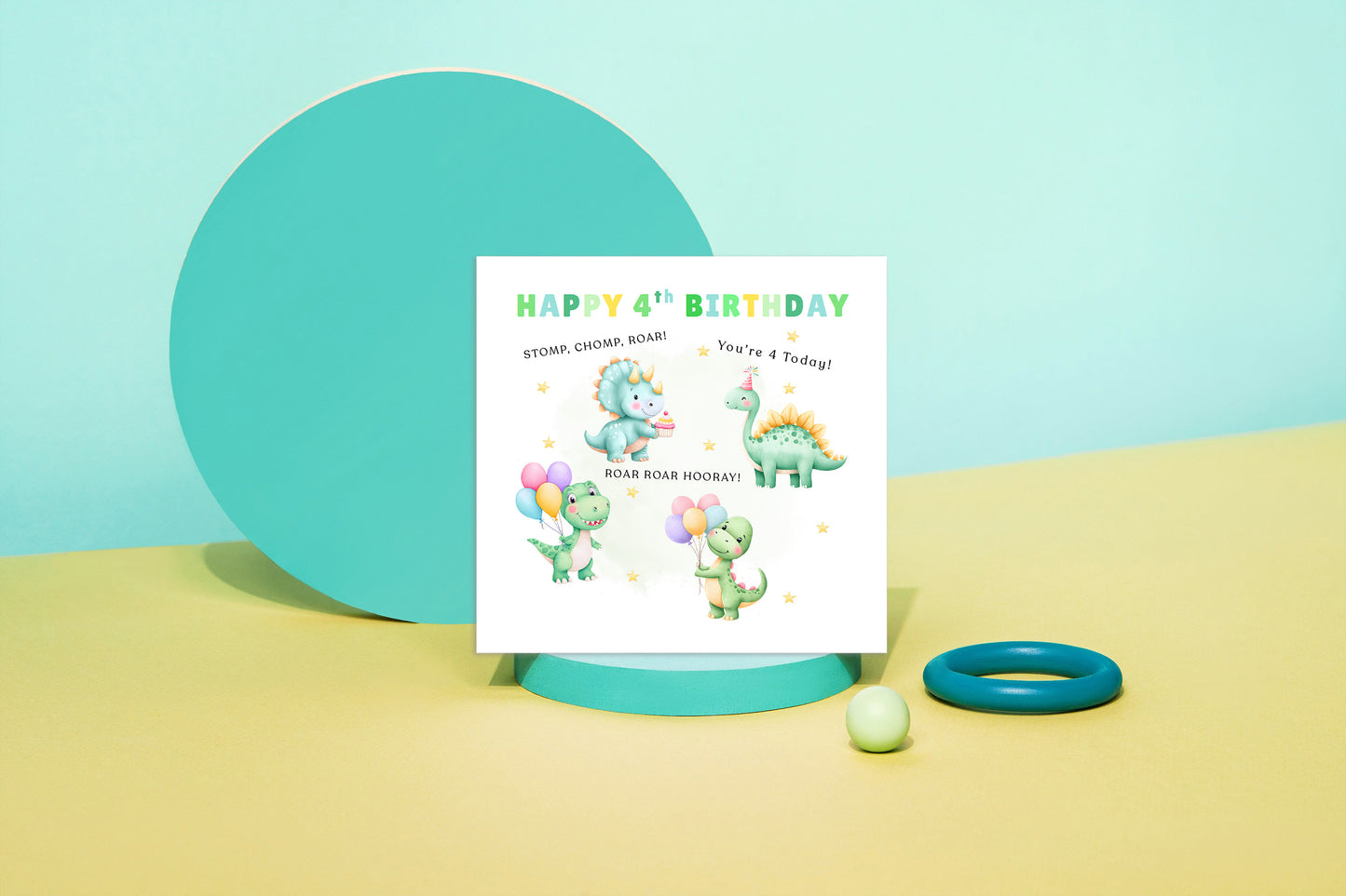 Happy 4th Birthday Card for Boys – Dinosaurs Design, Age 4 Years Old Fourth Birthday Card for Kids, Children, Boy, Son, Grandson, Nephew – Green Envelope Included