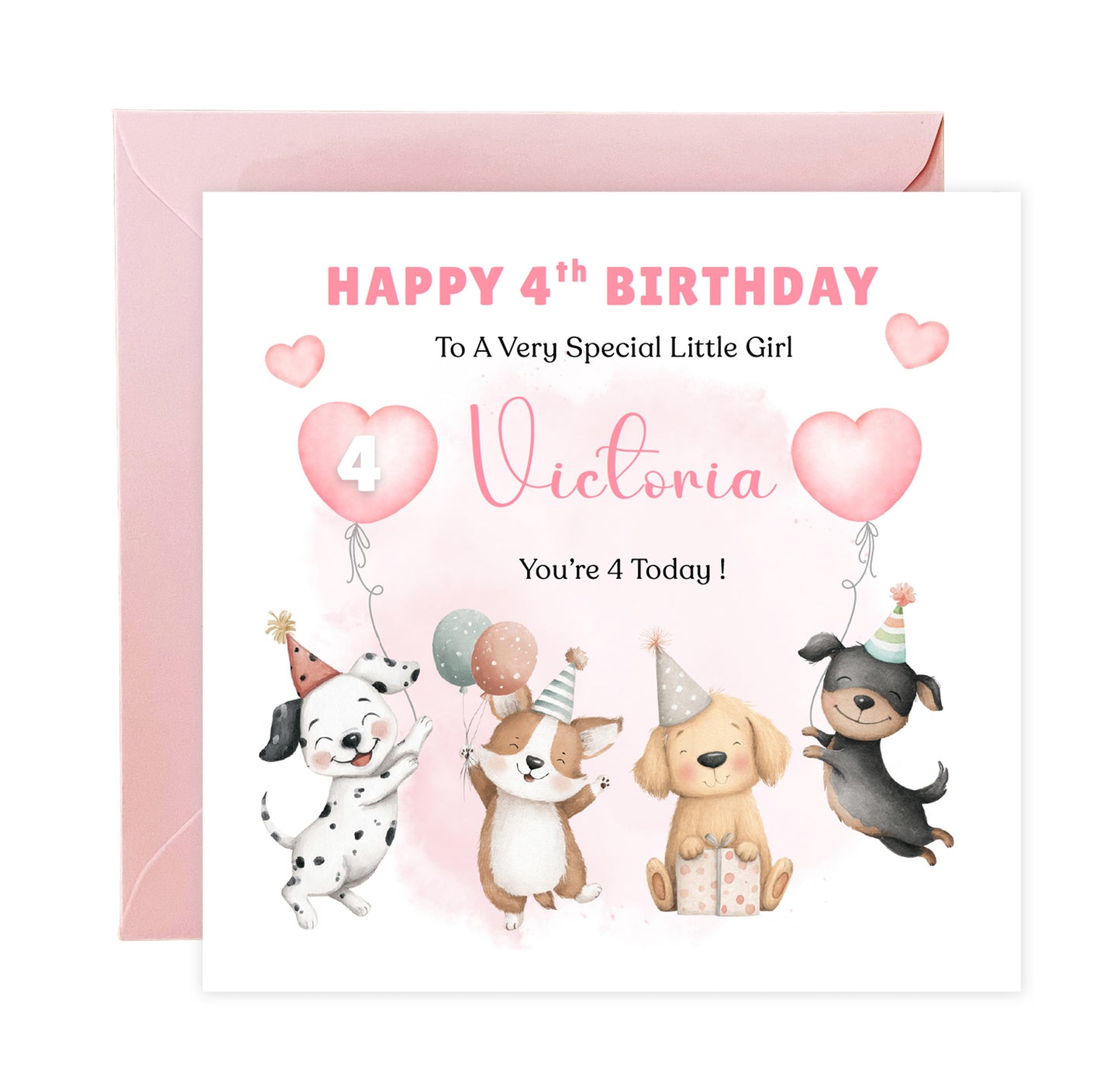 Personalised 4th Birthday Card for Girls – Cute Puppy Dogs Design with Custom Name and Message – Age 4 Years Old Birthday Card for Girls, Kids, Daughter, Granddaughter, Niece – Pink Envelope Included
