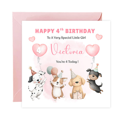 Personalised 4th Birthday Card for Girls – Cute Puppy Dogs Design with Custom Name and Message – Age 4 Years Old Birthday Card for Girls, Kids, Daughter, Granddaughter, Niece – Pink Envelope Included