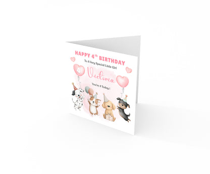 Personalised 4th Birthday Card for Girls – Cute Puppy Dogs Design with Custom Name and Message – Age 4 Years Old Birthday Card for Girls, Kids, Daughter, Granddaughter, Niece – Pink Envelope Included