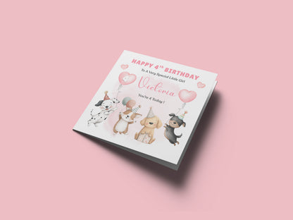 Personalised 4th Birthday Card for Girls – Cute Puppy Dogs Design with Custom Name and Message – Age 4 Years Old Birthday Card for Girls, Kids, Daughter, Granddaughter, Niece – Pink Envelope Included