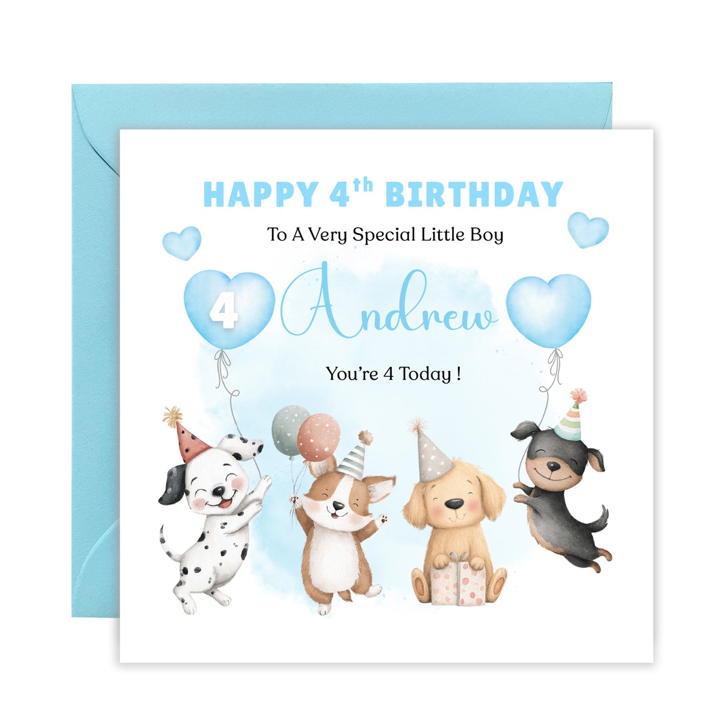 Personalised 4th Birthday Card for Boys – Cute Puppy Dogs Design with Custom Name and Message, Age 4 Years Old Birthday Card for Kids, Children, Boy, Son, Grandson, Nephew– Blue Envelope Included