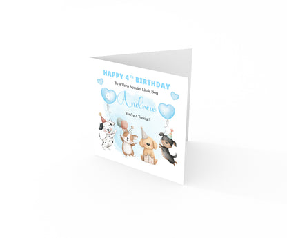 Personalised 4th Birthday Card for Boys – Cute Puppy Dogs Design with Custom Name and Message, Age 4 Years Old Birthday Card for Kids, Children, Boy, Son, Grandson, Nephew– Blue Envelope Included