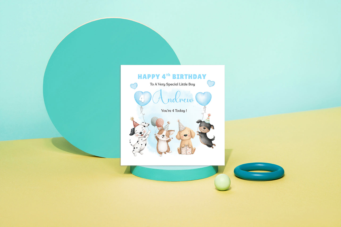 Personalised 4th Birthday Card for Boys – Cute Puppy Dogs Design with Custom Name and Message, Age 4 Years Old Birthday Card for Kids, Children, Boy, Son, Grandson, Nephew– Blue Envelope Included