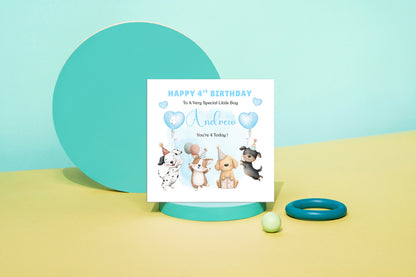 Personalised 4th Birthday Card for Boys – Cute Puppy Dogs Design with Custom Name and Message, Age 4 Years Old Birthday Card for Kids, Children, Boy, Son, Grandson, Nephew– Blue Envelope Included