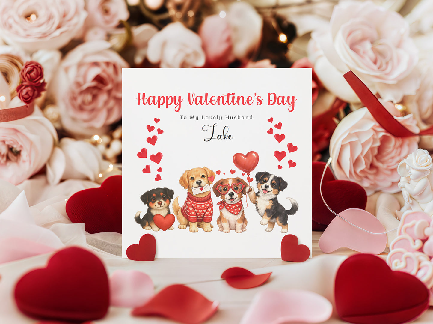 Personalised Cute Dogs Valentine’s Day Card with Custom Name and Message - for Dog Lovers, Pet Owners, Wife, Husband, Boyfriend, Girlfriend, Fiance, Fiancee - for Him or Her - Red Envelope Included