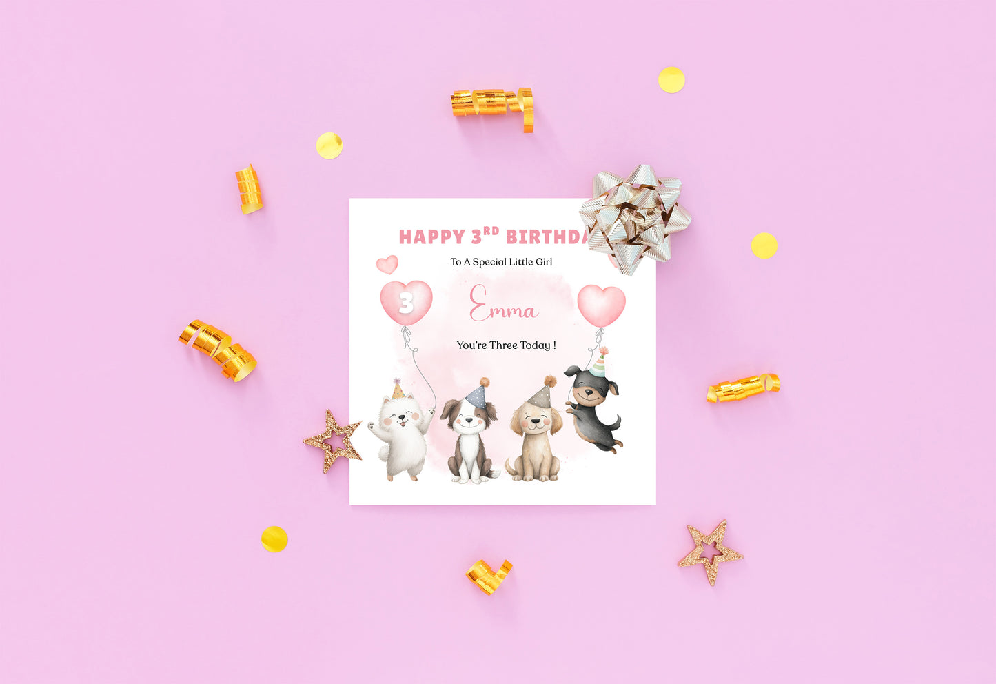 Personalised 3 Years Old 3rd Birthday Card for Toddler Girl – Puppy Dogs Design with Custom Name & Message - Age 3 Year Old Birthday Card for Girls, Daughter, Granddaughter, Niece with Pink Envelope
