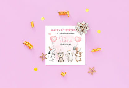 Personalised 2 Years Old 2nd Birthday Card for Toddler Girl – Puppy Dogs Design  Design with Custom Name & Message - Two years old Birthday Card for Daughter, Granddaughter, Niece with Pink Envelope