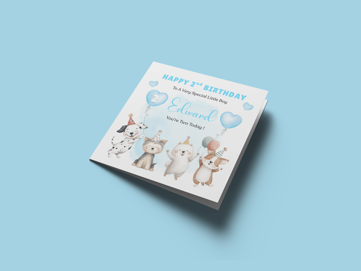 Personalised 2 Years Old 2nd Birthday Card for Toddler Boy – Puppy Dogs Design  Design with Custom Name & Message - Two years old Birthday Card for Son, Grandson Nephew with Blue Envelope