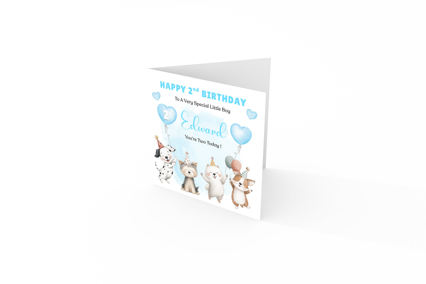 Personalised 2 Years Old 2nd Birthday Card for Toddler Boy – Puppy Dogs Design  Design with Custom Name & Message - Two years old Birthday Card for Son, Grandson Nephew with Blue Envelope