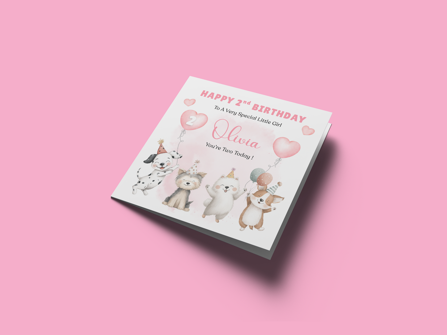 Personalised 2 Years Old 2nd Birthday Card for Toddler Girl – Puppy Dogs Design  Design with Custom Name & Message - Two years old Birthday Card for Daughter, Granddaughter, Niece with Pink Envelope