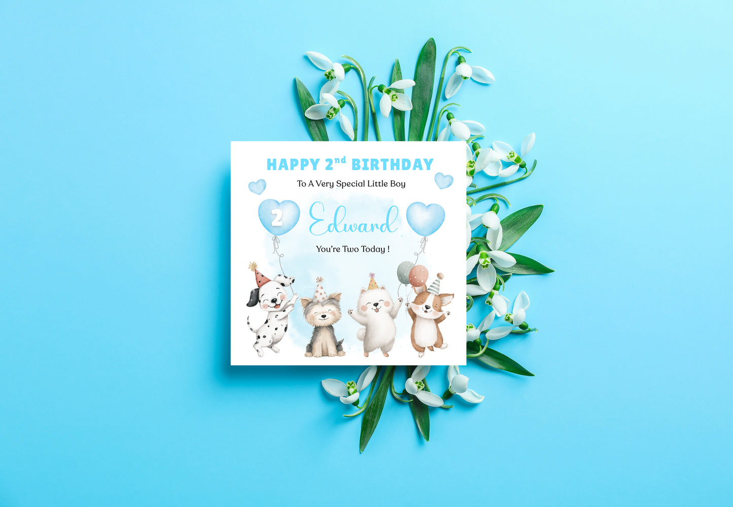 Personalised 2 Years Old 2nd Birthday Card for Toddler Boy – Puppy Dogs Design  Design with Custom Name & Message - Two years old Birthday Card for Son, Grandson Nephew with Blue Envelope