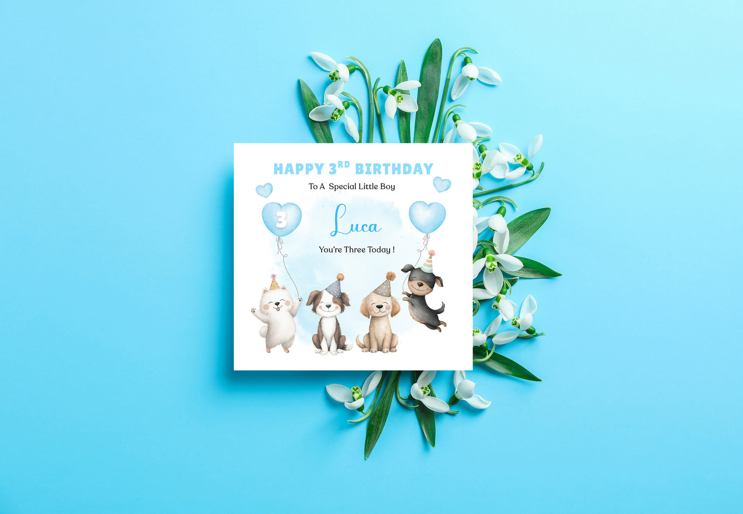 Personalised 3 Years Old 3rd Birthday Card for Toddler Boy – Puppy Dogs Design with Custom Name & Message - Age 3 Year Old Birthday Card for Little One, Son, Grandson Nephew with Blue Envelope