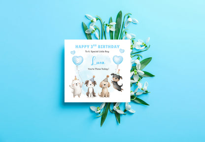 Personalised 3 Years Old 3rd Birthday Card for Toddler Boy – Puppy Dogs Design with Custom Name & Message - Age 3 Year Old Birthday Card for Little One, Son, Grandson Nephew with Blue Envelope