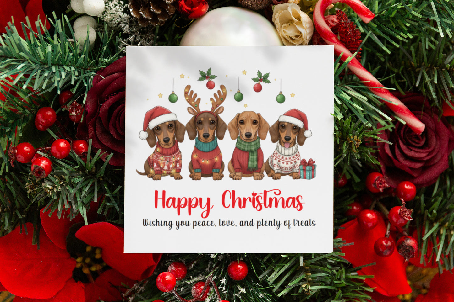 Cute Sausage Dogs Christmas Card – Funny Dachshund Xmas Card for Dog Lovers,Friends, Family, Pet Owners and for Him, Her, Kids, Co-Workers –  Red Envelope Included