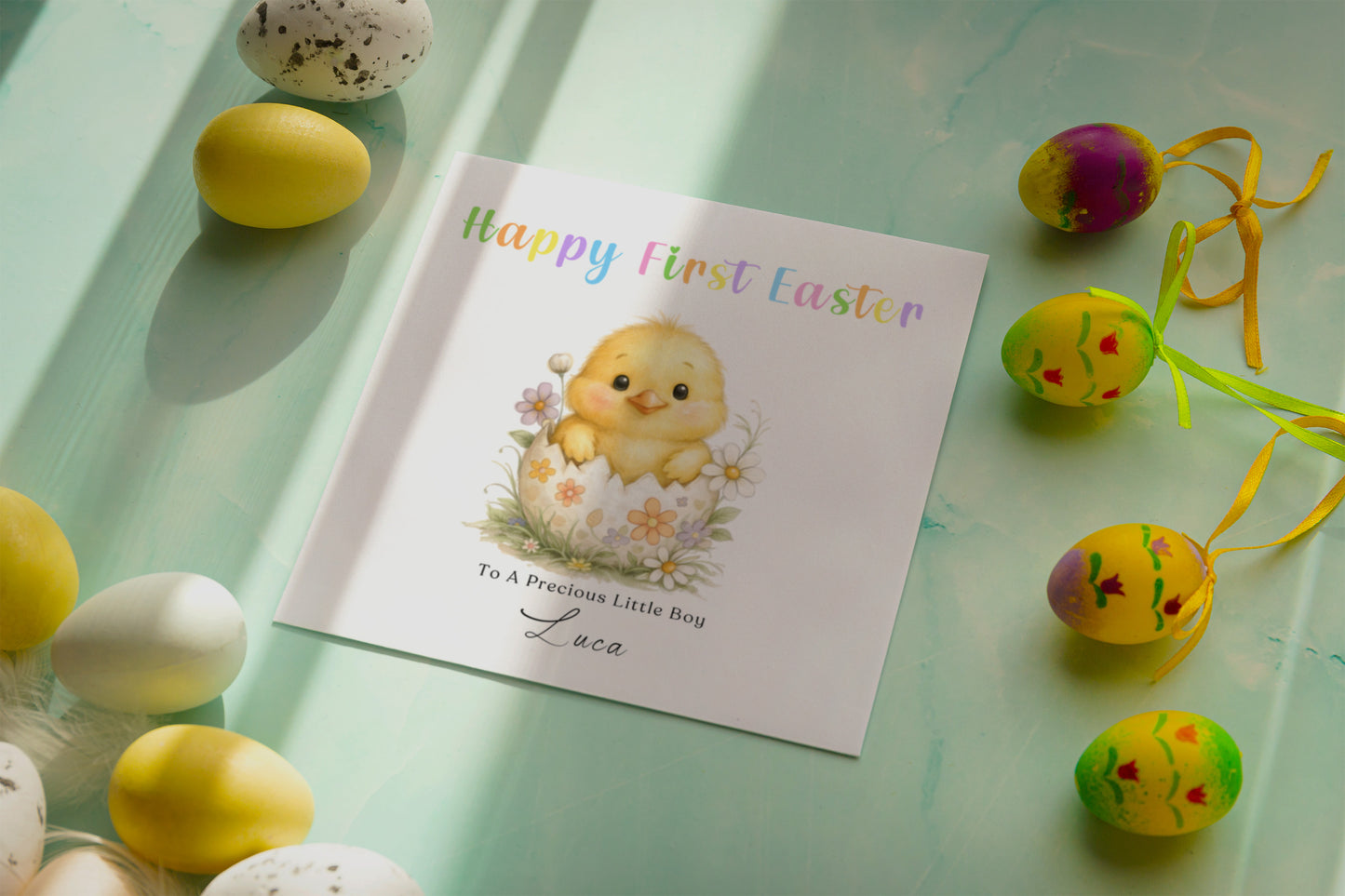 Personalised 1st Happy Easter Card for Baby Girl, Baby Boy with Custom Name and Message - Cute Fluffy Chick Design - First Easter Card for Grandkids, Nephew, Niece, Kids, Little One with Yellow Envelope