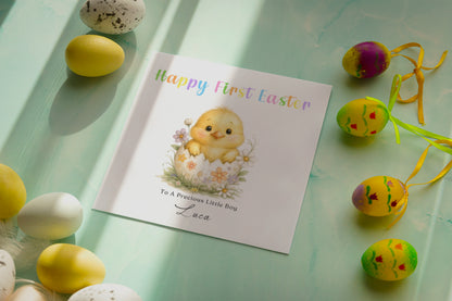 Personalised 1st Happy Easter Card for Baby Girl, Baby Boy with Custom Name and Message - Cute Fluffy Chick Design - First Easter Card for Grandkids, Nephew, Niece, Kids, Little One with Yellow Envelope